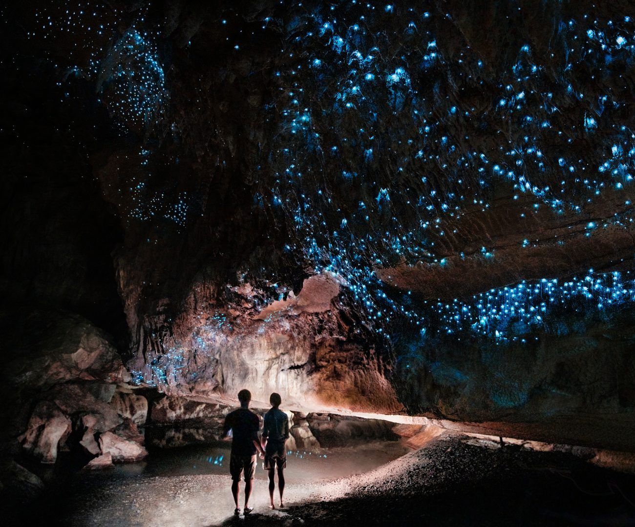 A person with a guide inside a glowworm cave in New Zealand