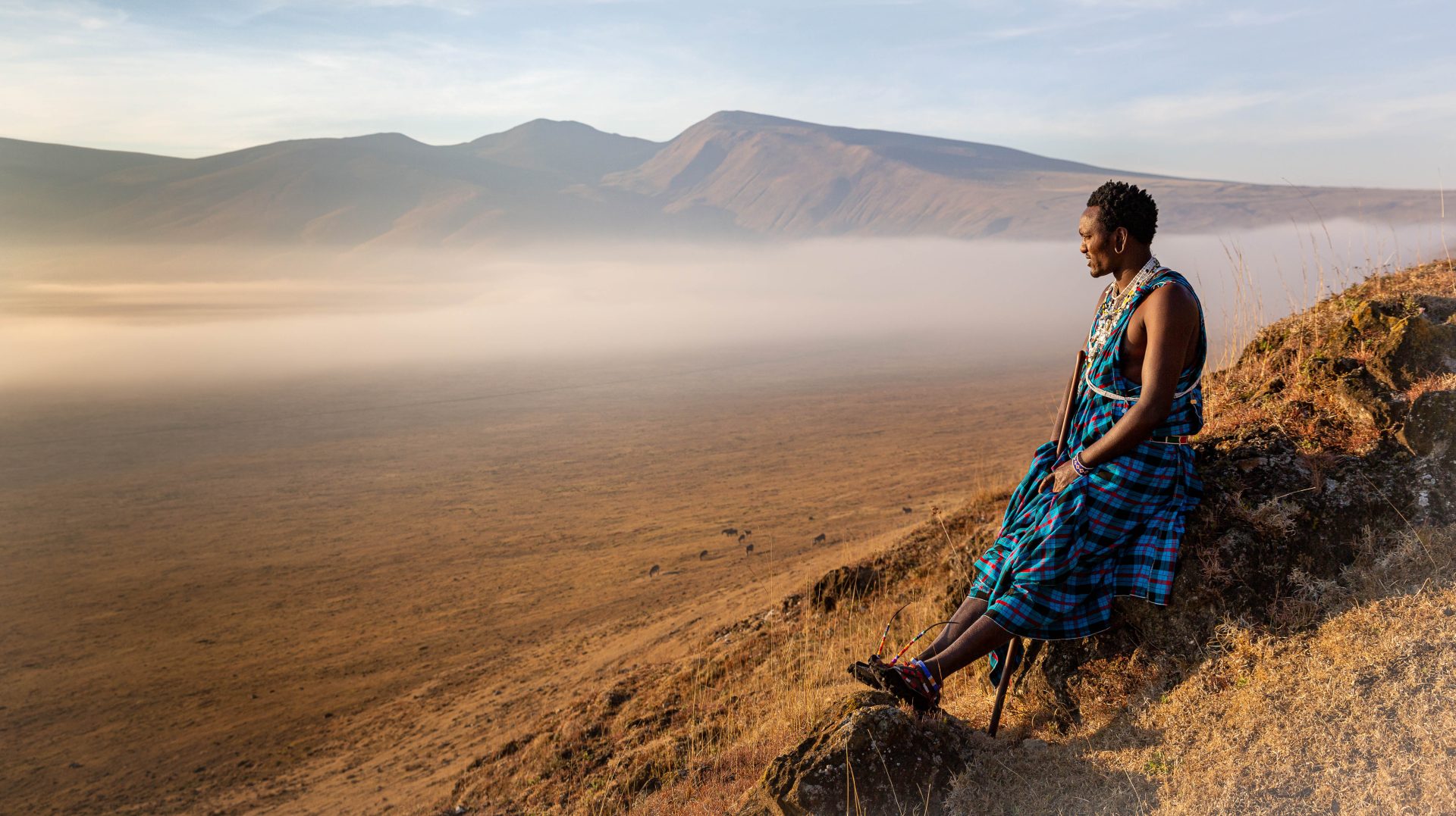 A Masai warrior on the edge of the Ngorongoro Crater in Tanzania