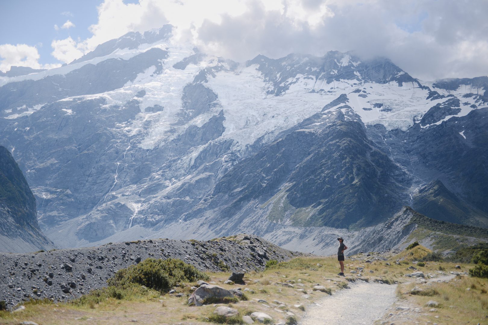 A hiker on the Hooker Valley Track, Mount Cook, New Zealand
