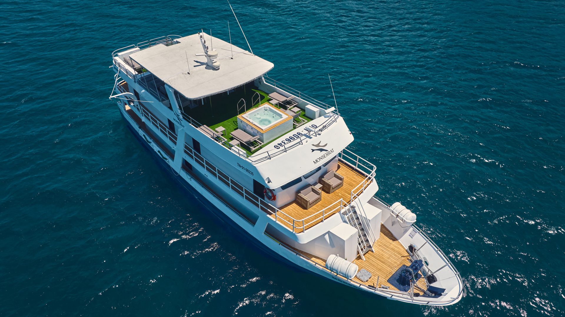 Exterior of The Monserrat yacht in the Galapagos