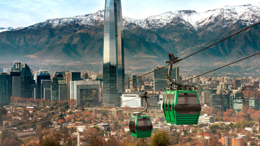 Cable car in San Cristobal hill, overlooking a panoramic view of Santiago de Chile