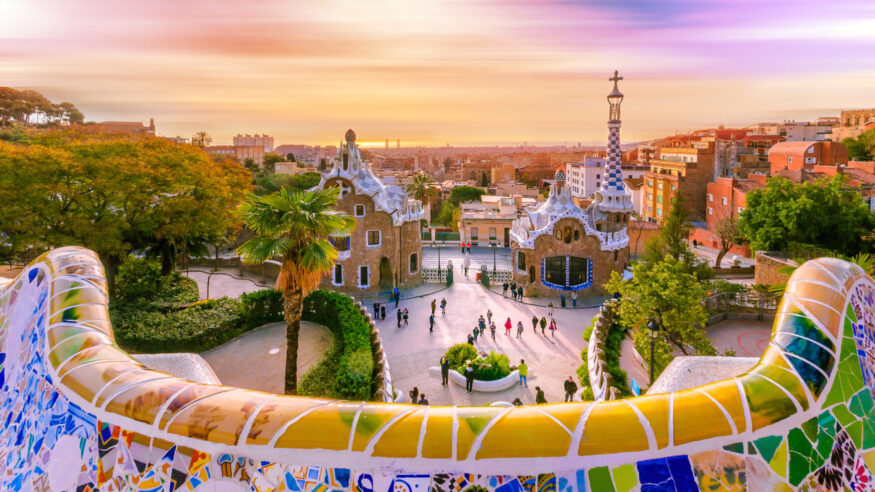 View of the city from Park Guell in Barcelona, Spain.