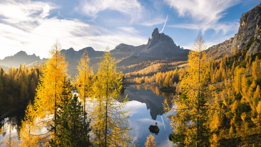 Federa lake during sunrise, with autumnal colors. Federa Lake, Cortina d'Ampezzo, Belluno province, Veneto, Italy