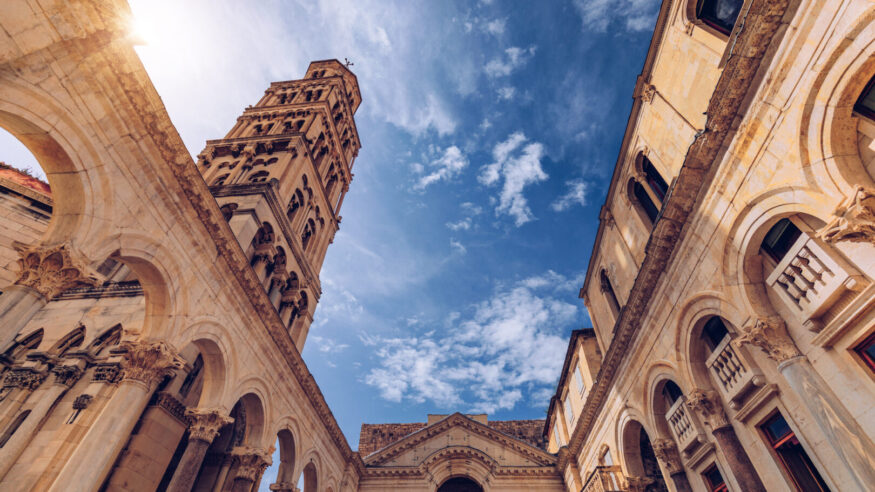 Diocletian's Palace's peristyle in front of Cathedral of Saint Domnius' bell tower in Split, Croatia. Diocletian palace UNESCO world heritage site in Split, Dalmatia, Croatia.