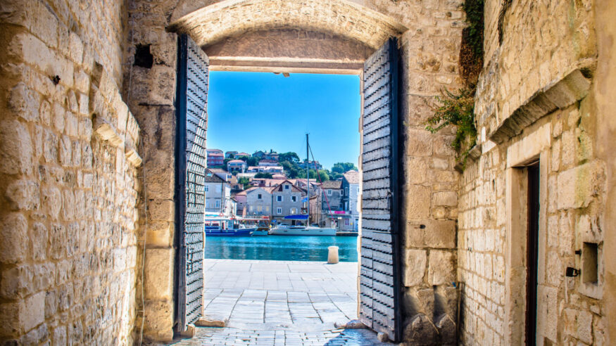 View at city center in old town Trogir, Croatia Europe.